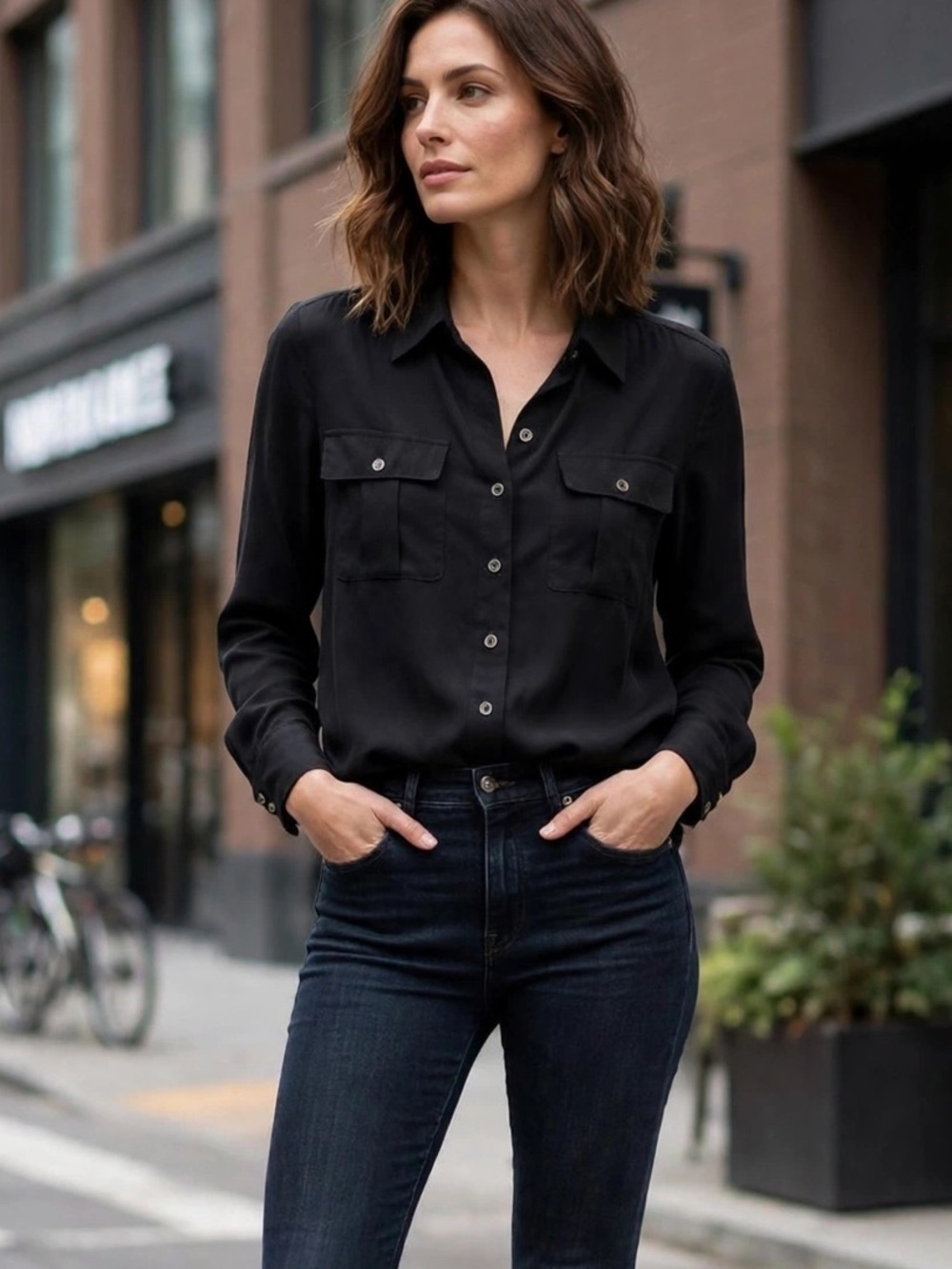 Cleo Petites Shirt Womens M Black Button Down Chest Pockets Long Sleeve Work